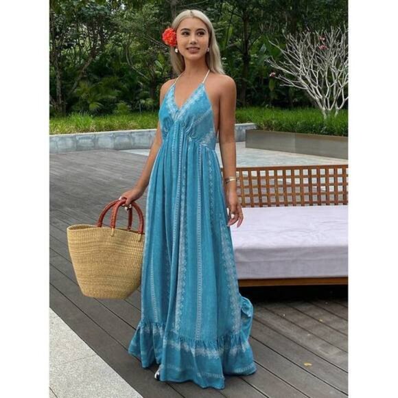 New Floral Print Spaghetti Strap Backless Ruffled Dress For Women, Summer Resor - Picture 7 of 7